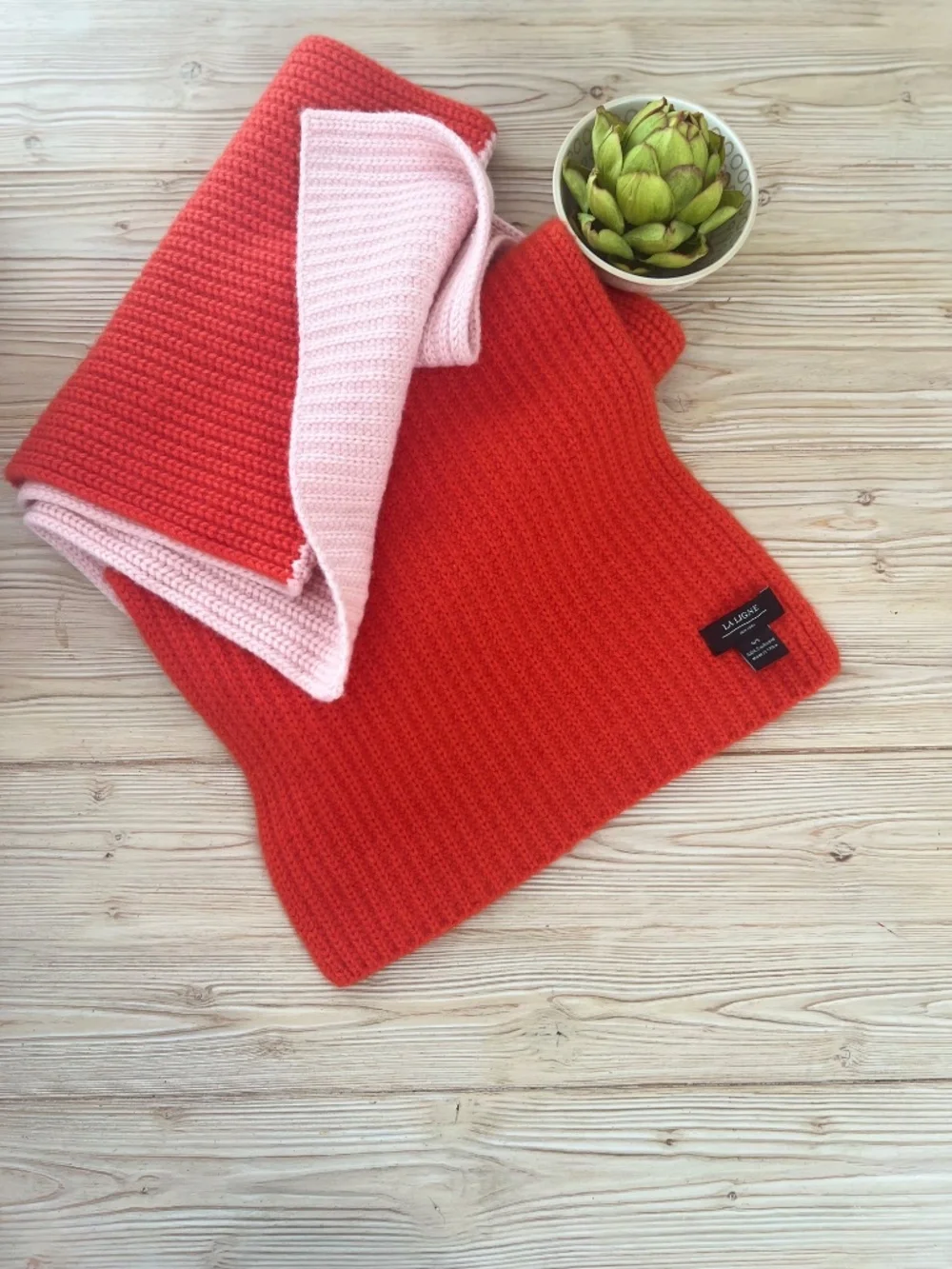 La Ligne 100% Cashmere Colorblock Scarf Red Pink 14 x 72